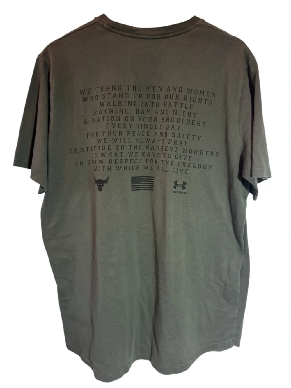 Under Armour Freedom Mens UA Project Rock Olive Green Flag USA T-Shirt Sz XL